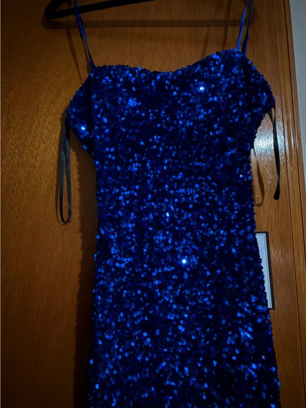 B Darlin Cobalt Blue Sequin Spaghetti Strap Dress
